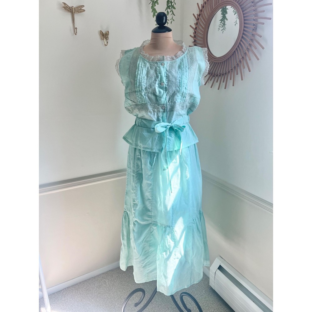 Vintage Chadia Victorian Two‎ Piece Blue Teal Lace Maxi Skirt and Blouse Set